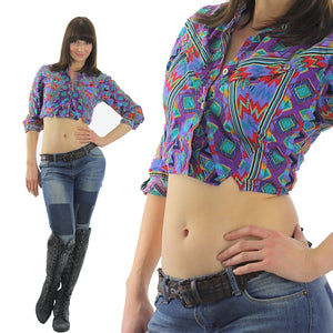 Bohemian Crop Top tribal shirt 80s Gypsy Cropped Purple button up top M - shabbybabe
 - 2