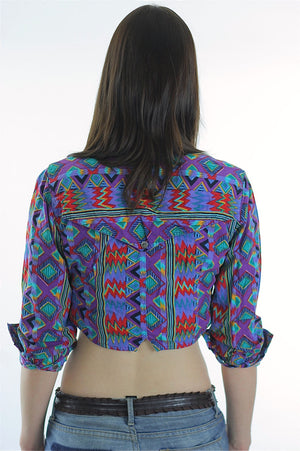 Bohemian Crop Top tribal shirt 80s Gypsy Cropped Purple button up top M - shabbybabe
 - 4