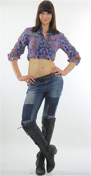 Bohemian Crop Top tribal shirt 80s Gypsy Cropped Purple button up top M - shabbybabe
 - 5