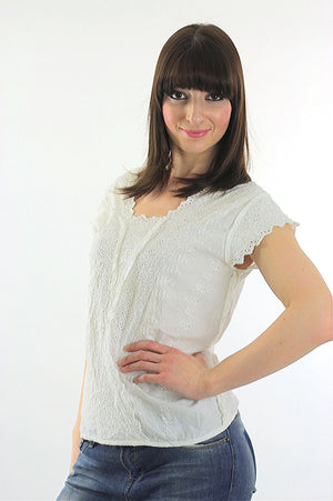 White Lace shirt Cotton Embroidered Vintage 70s Bohemian Gypsy white eyelet top Hippie Festival Boho blouse  Small Medium - shabbybabe
 - 3