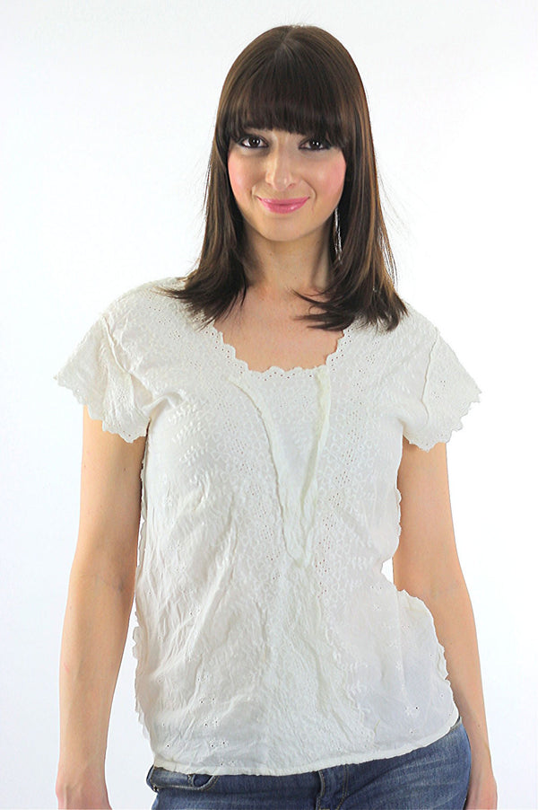White Lace shirt Cotton Embroidered Vintage 70s Bohemian Gypsy white eyelet top Hippie Festival Boho blouse  Small Medium - shabbybabe
 - 1