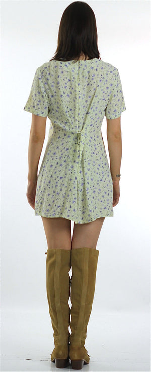 Floral mini dress 90s Grunge Cream mini floral print  festival short sleeve tie back high neck Gypsy Bohemian sun dress Medium  M - shabbybabe
 - 3