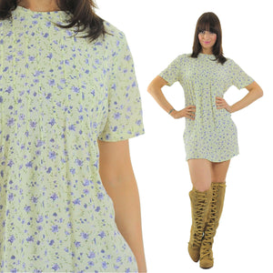 Floral mini dress 90s Grunge Cream mini floral print  festival short sleeve tie back high neck Gypsy Bohemian sun dress Medium  M - shabbybabe
 - 1