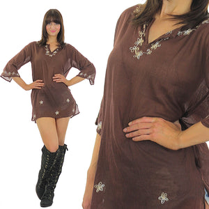 embroidered mini Dress sheer floral Vintage 70s Hippie Tunic Top Brown Cotton Floral Gypsy Dress Festival Small Medium - shabbybabe
 - 2