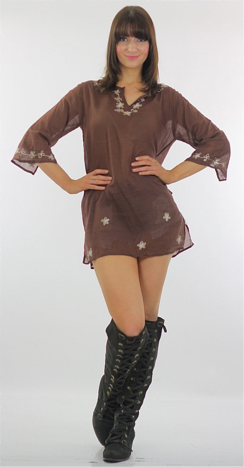 embroidered mini Dress sheer floral Vintage 70s Hippie Tunic Top Brown  Cotton Floral Gypsy Dress Festival Small Medium