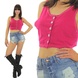Pink Crop top Sleeveless Scoop Neck Button down Tank top 90s Grunge 80s blouse Hot Pink Bright Bohemian Small Medium - shabbybabe
 - 1