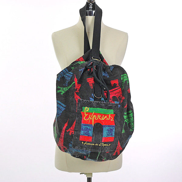 Paris Backpack Eiffel tower bag Express Paris duffle France Canvas Vintage 1980s Express Beach boho drawstring graphic - shabbybabe
 - 1