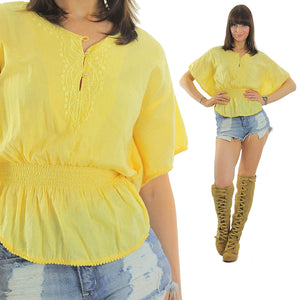 Peasant top flutter sleeve top yellow embroidered 70s prairie gypsy button up Festival Vintage Hipster Batwing Small Medium - shabbybabe
 - 1