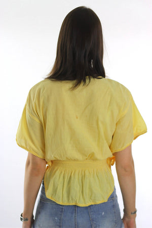 Peasant top flutter sleeve top yellow embroidered 70s prairie gypsy button up Festival Vintage Hipster Batwing Small Medium - shabbybabe
 - 4