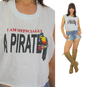 Pirate shirt Cut off shirt White tee shirt Crop top Cropped shirt Cut off tee shirt Muscle shirt Sleeveless shirt Upcycled shirt large shirt - shabbybabe
 - 1