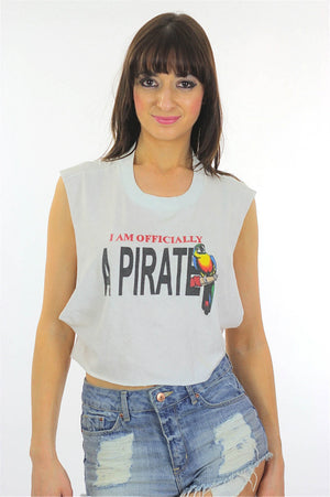 Pirate shirt Cut off shirt White tee shirt Crop top Cropped shirt Cut off tee shirt Muscle shirt Sleeveless shirt Upcycled shirt large shirt - shabbybabe
 - 2
