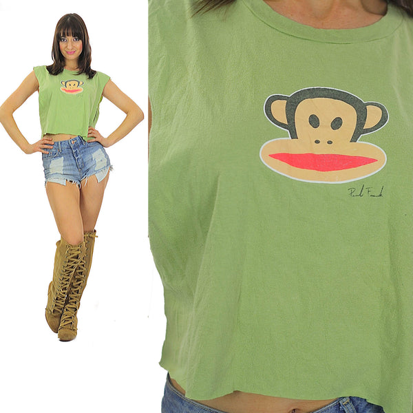 Monkey shirt Paul Frank shirt Cut off shirt Crop top Cropped tee Cotton tee Green shirt Animal shirt Retro shirt Animated shirt Large shirt - shabbybabe
 - 1