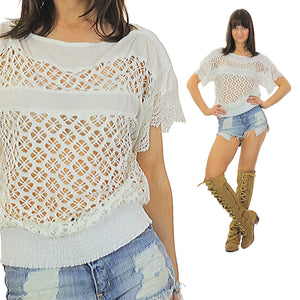 Vintage 70s White lace top lace shirt sheer top Floral top Bohemian shirt Hippie shirt Gypsy shirt Boho top Loose shirt oversized shirt - shabbybabe
 - 1