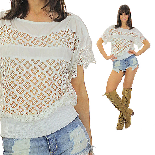 Vintage 70s White lace top lace shirt sheer top Floral top Bohemian shirt Hippie shirt Gypsy shirt Boho top Loose shirt oversized shirt - shabbybabe
 - 1