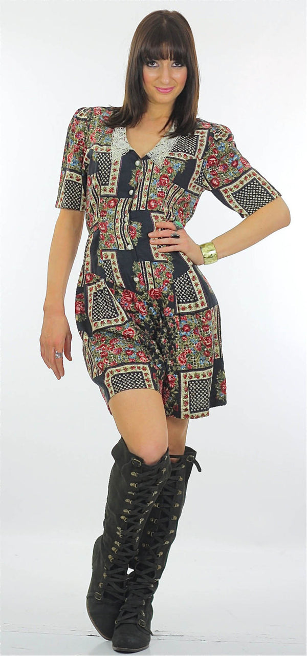90s Grunge patchwork floral Boho romper Dress - shabbybabe
 - 1