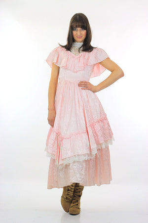 Jessica McClintock dress pink prairie Boho party Vintage 1980 pastel pink lace Bridal gown high waisted Small - shabbybabe
 - 3