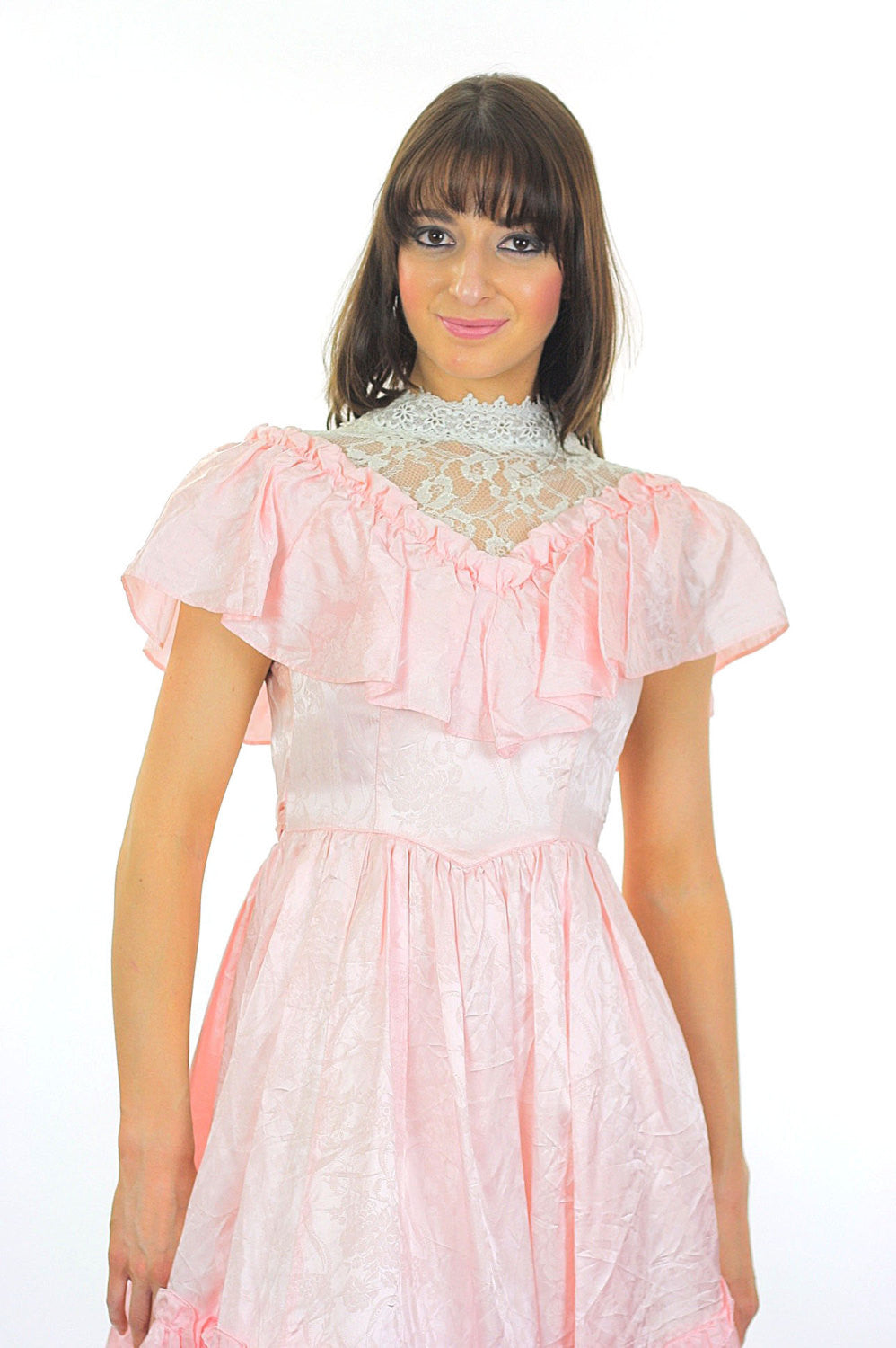 Jessica McClintock dress pink prairie Boho party Vintage 1980 pastel pink lace Bridal gown high waisted Small