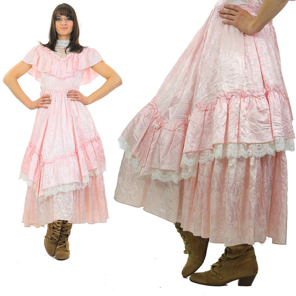 Jessica McClintock dress pink prairie Boho party Vintage 1980 pastel pink lace Bridal gown high waisted Small - shabbybabe
 - 1