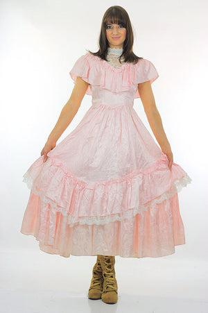 Jessica McClintock dress pink prairie Boho party Vintage 1980 pastel pink lace Bridal gown high waisted Small - shabbybabe
 - 2