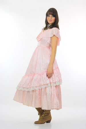 Jessica McClintock dress pink prairie Boho party Vintage 1980 pastel pink lace Bridal gown high waisted Small - shabbybabe
 - 4