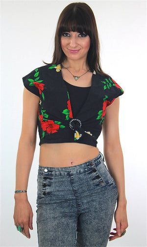 Floral Crop top Black belly Cropped Cotton Boho Deep V plunging Hawaiian cap sleeve Vintage 1980s Retro Hipster Medium - shabbybabe
 - 1