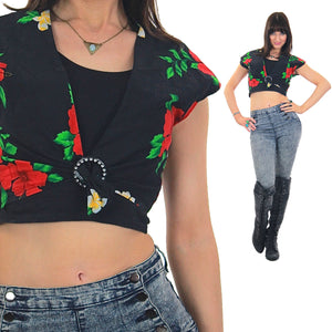 Floral Crop top Black belly Cropped Cotton Boho Deep V plunging Hawaiian cap sleeve Vintage 1980s Retro Hipster Medium - shabbybabe
 - 2