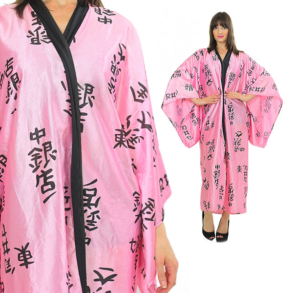 Japanese Kimono robe Pink black maxi Boho Hippie kimono Satin abstract asian ethnic bohemian wrap Large - shabbybabe
 - 1