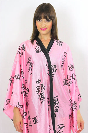 Japanese Kimono robe Pink black maxi Boho Hippie kimono Satin abstract asian ethnic bohemian wrap Large - shabbybabe
 - 4