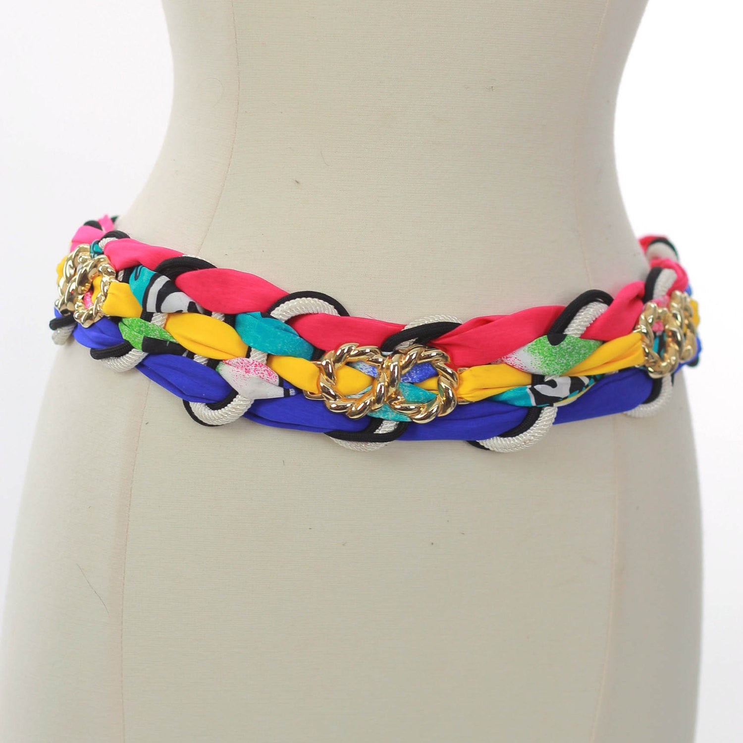 Vintage 80s 90s Metal Chain Belt Colorful Woven Rainbow Small Vintage 80s Rainbow Woven Leather Belt: Multi Color Chain  main image 2
