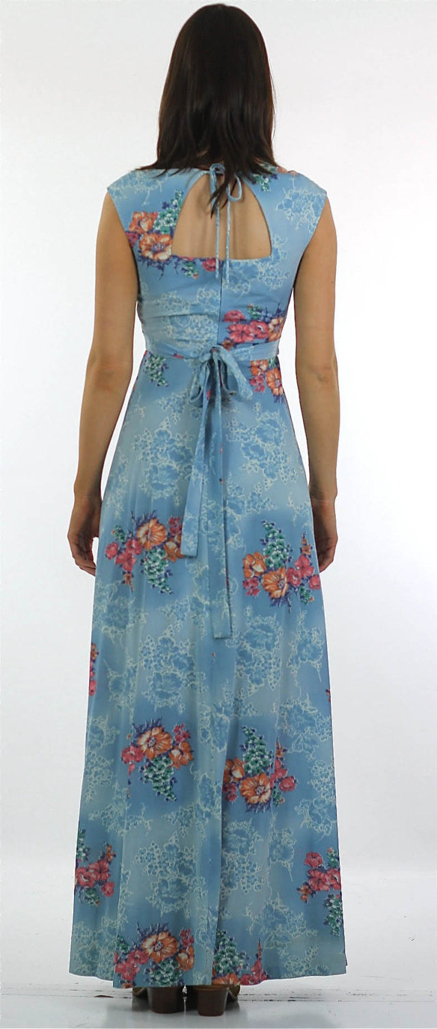 Authentic Vintage 1970s boho hippie blue floral maxi dress