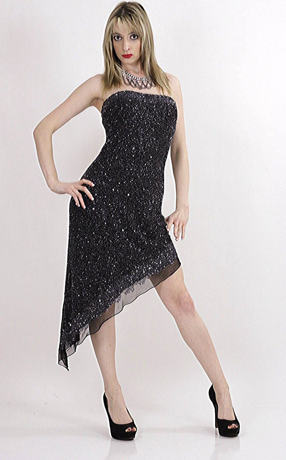 90s Gatsby deco Sequin strapless cocktail party dress - shabbybabe 90s Gatsby deco Sequin strapless cocktail party dress - shabbybabe