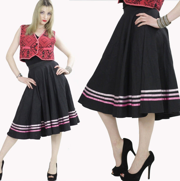 striped Full skirt Black pink Color block Boho Hippie Festival Bohemian Gypsy Cotton swing skirt Medium - shabbybabe
 - 1