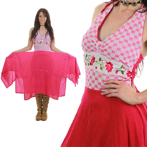 70s pink boho floral halter handkerchief hem dress - shabbybabe
 - 5