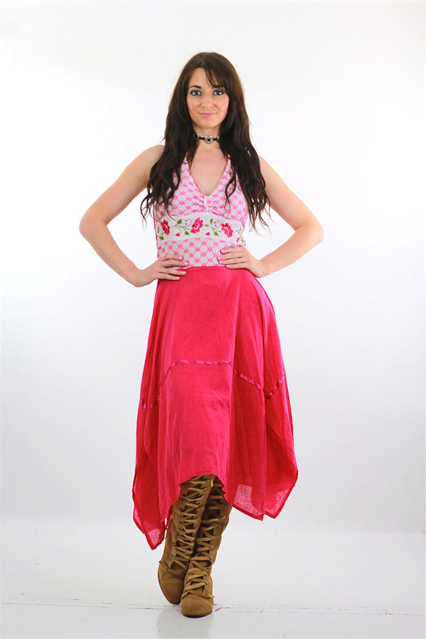 70s pink boho floral halter handkerchief hem dress - shabbybabe
 - 1