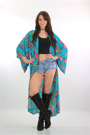 Japanese Ethnic blue floral long kimono robe - shabbybabe
 - 2