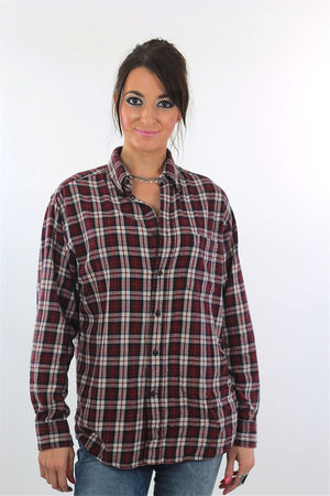 Grunge plaid shirt 90s flannel red white black oversized 1990s long sleeve cotton Lumberjack vintage Oversize Large - shabbybabe
 - 1