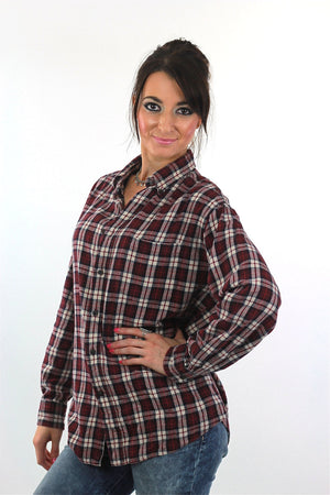 Grunge plaid shirt 90s flannel red white black oversized 1990s long sleeve cotton Lumberjack vintage Oversize Large - shabbybabe
 - 3