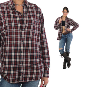 Grunge plaid shirt 90s flannel red white black oversized 1990s long sleeve cotton Lumberjack vintage Oversize Large - shabbybabe
 - 2