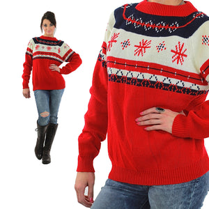Snowflake Sweater Red white stripe Slouchy oversized Ribbed Preppy nerd Geometric Vintage retro Medium Large - shabbybabe
 - 2