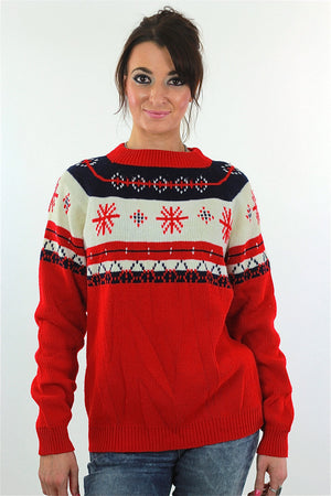 Snowflake Sweater Red white stripe Slouchy oversized Ribbed Preppy nerd Geometric Vintage retro Medium Large - shabbybabe
 - 1