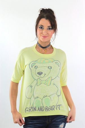 Teddy Bear Shirt Pastel yellow 80s graphic tee bear it Tee Kawaii 1980s slouchy hipster Medium - shabbybabe
 - 2