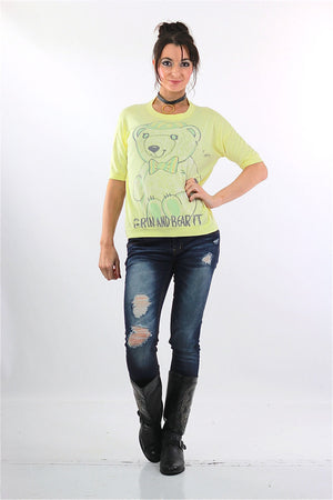 Teddy Bear Shirt Pastel yellow 80s graphic tee bear it Tee Kawaii 1980s slouchy hipster Medium - shabbybabe
 - 5