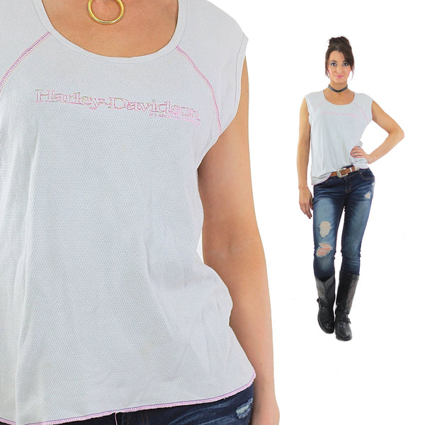 Harley Davidson Tank Top White tee Biker Chick Motorcycle Muscle tee Pink embroidered Slouchy oversized Extra Large - shabbybabe
 - 1