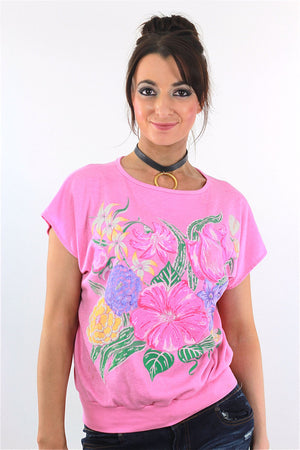 Floral Tee shirt Floral Grunge Tshirt Pink slouchy short sleeve 1980s Vintage Retro Large - shabbybabe
 - 2