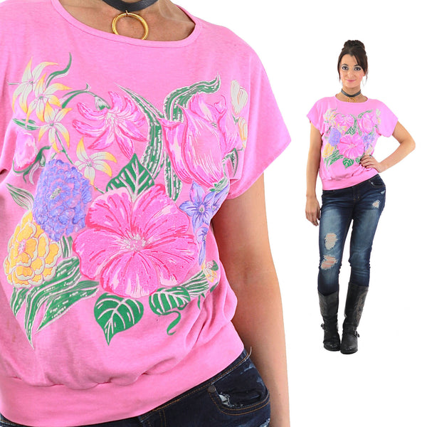 Floral Tee shirt Floral Grunge Tshirt Pink slouchy short sleeve 1980s Vintage Retro Large - shabbybabe
 - 1