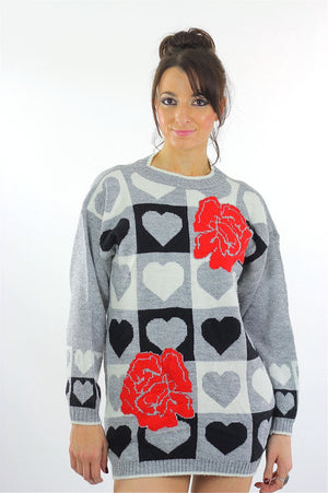 Heart sweater 80s black white Color block Graphic rose print Checkered hearts Oversized Slouchy Tunic Large - shabbybabe
 - 2
