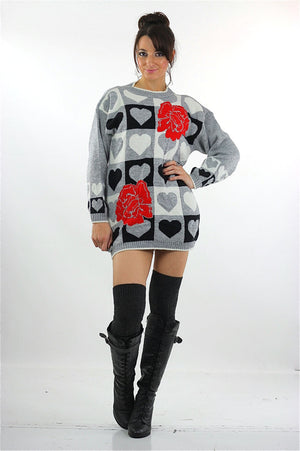 Heart sweater 80s black white Color block Graphic rose print Checkered hearts Oversized Slouchy Tunic Large - shabbybabe
 - 5