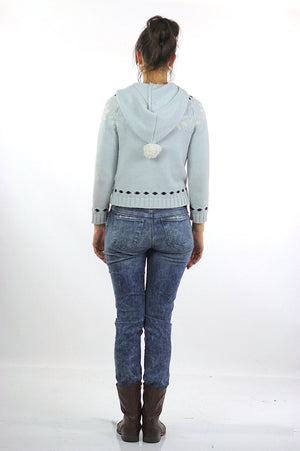 Snowflake sweater 90s hooded pastel blue pom pom zip up Vintage 1990s Grunge cardigan sweat shirt long sleeve knit XL Extra large - shabbybabe
 - 4