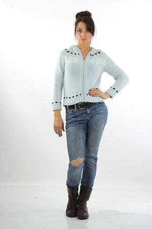 Snowflake sweater 90s hooded pastel blue pom pom zip up Vintage 1990s Grunge cardigan sweat shirt long sleeve knit XL Extra large - shabbybabe
 - 3