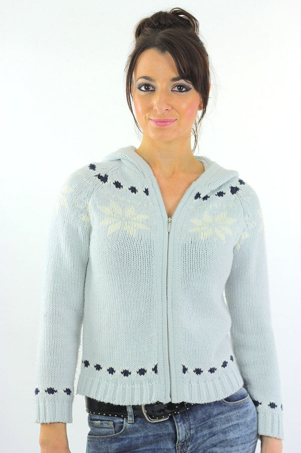Snowflake sweater 90s hooded pastel blue pom pom zip up Vintage 1990s Grunge cardigan sweat shirt long sleeve knit XL Extra large - shabbybabe
 - 1